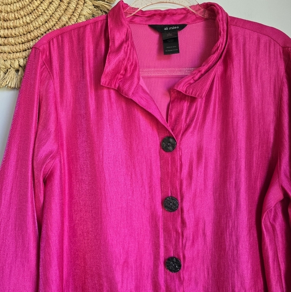 Ali Miles, Pink Woven Shimmer Stand Collar Button Front Pocket Tunic SZ Large - Picture 3 of 13